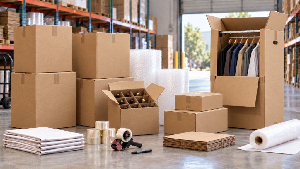 Tea chest boxes, book and wine boxes, Port-a-Robes and packing supplies in a warehouse on the Gold Coast