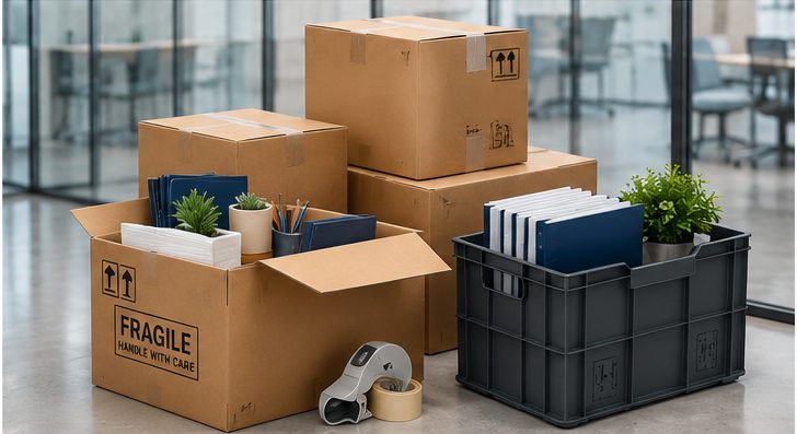 Packed boxes and office contents prepared for a commercial relocation
